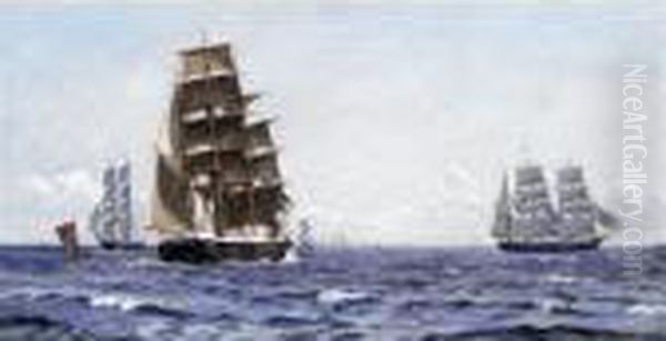 Sailing Ships In Choppy Water Oil Painting by Christian Vigilius Blache