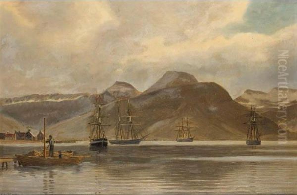 Shipping In A Norwegian Fjords Oil Painting by Christian Vigilius Blache