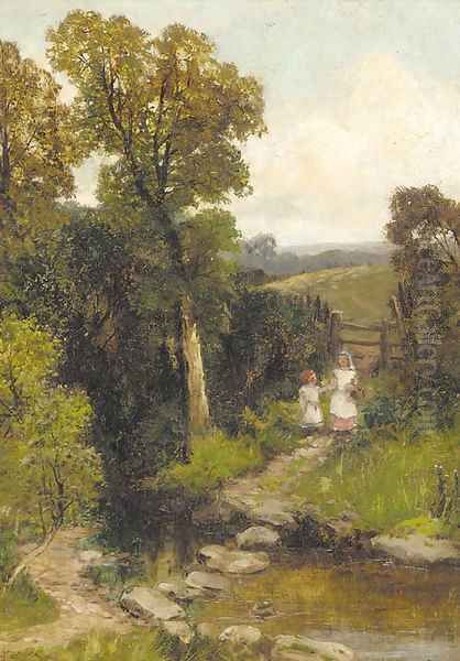 Young girls by the stepping stones Oil Painting by Robert John Hammond