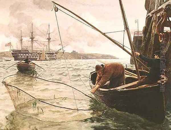 A Smelt Net Oil Painting by Charles Napier Hemy