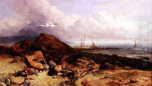 Shore Scene with Fishing Boat and Terns Oil Painting by Charles Napier Hemy