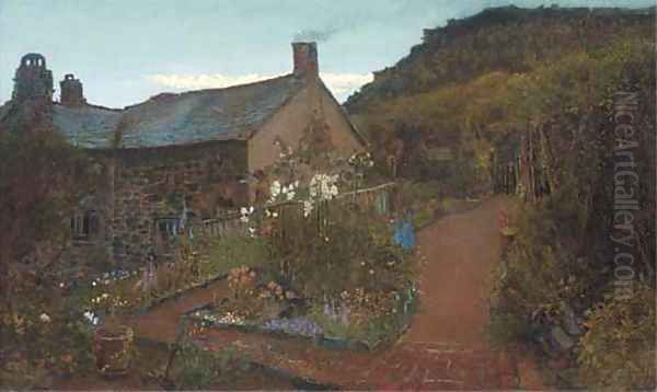 Cottage gardens - Twilight Oil Painting by Charles Napier Hemy