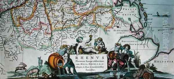 Cartouche of a map of the course of the Rhine Oil Painting by Hendrik I Hondius