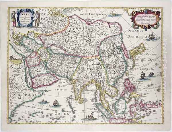 General map including Arabia Japan the Korean peninsula and the greater part of the Indonesian archipelago Oil Painting by Hendrik I Hondius