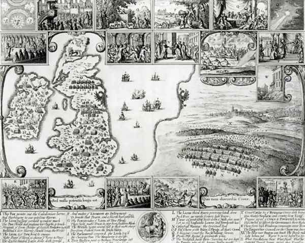 Map of Civil War England and a view of Prague Oil Painting by Wenceslaus Hollar