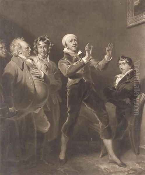 Mr Mathews, portrait of himself, and as representing four extraordinary characters, by Henry Meyer Oil Painting by George Henry Harlow