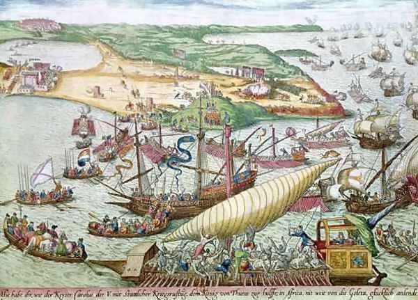 The Siege of Tunis or La Goulette by Charles V in 1535 Oil Painting by Franz Hogenberg