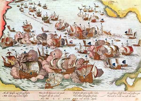 Naval Combat between the Beggars of the Sea and the Spanish in 1573 Oil Painting by Franz Hogenberg