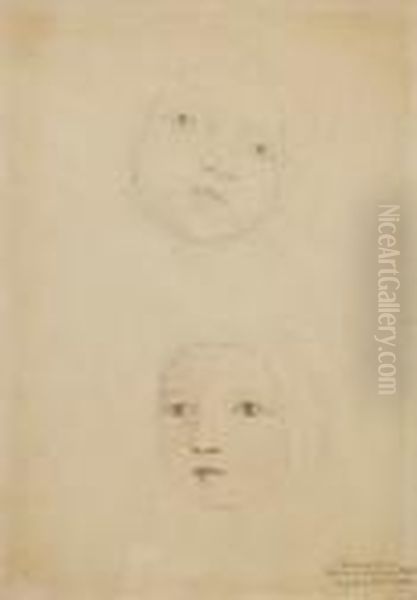 Two Studies Of A Baby's Head, Possibly A Member Of The Linnell Family Oil Painting by William Blake