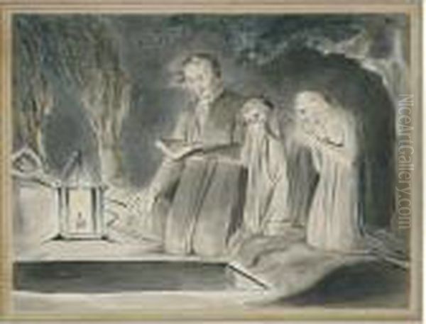 A Father And Two Children Beside
 An Open Grave At Night By Lantern Light Oil Painting by William Blake