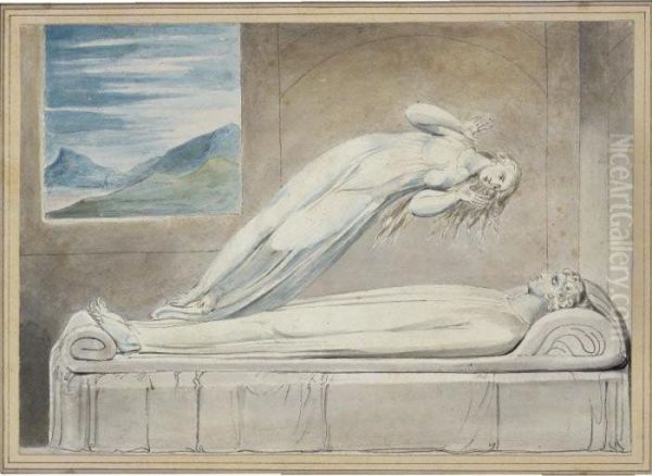 Soul Hovering Over The Body Reluctantly Parting With Life Oil Painting by William Blake