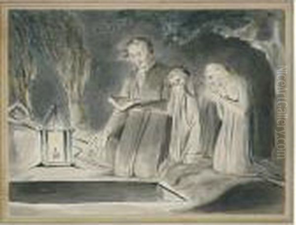 A Father And Two Children Beside An Open Grave At Night By Lantern Light Oil Painting by William Blake