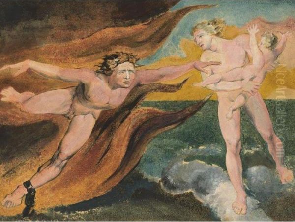 The Good And Evil Angels Struggling For Possession Of A Child Oil Painting by William Blake