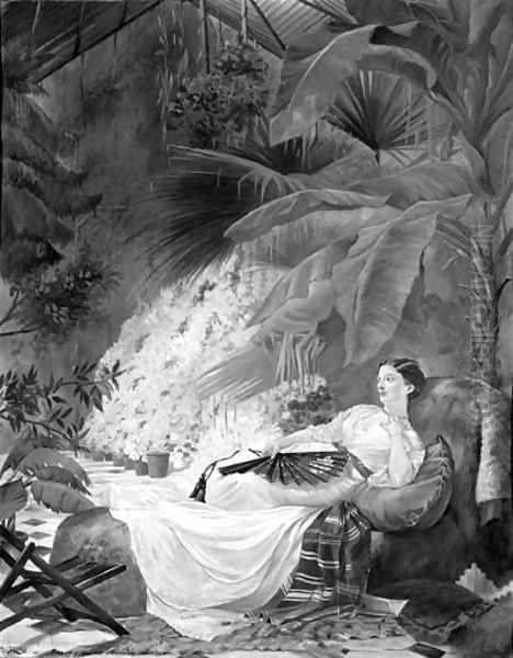 Portrait of Adelaide Maria, Countess of Iveagh, reclining on an sofa in a palm-house Oil Painting by George Elgar Hicks