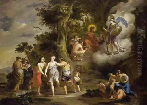 Pallas Athene Visiting Apollo on the Parnassus 1703 Oil Painting by Arnold Houbraken