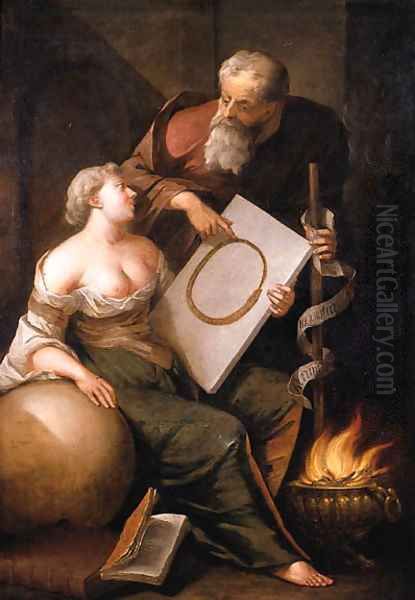 Eternity seated by a five, holding a tablet with the ouroboros in her left hand, her right hand leaning on a sphere, as Wisdom stands nearby Oil Painting by Arnold Houbraken