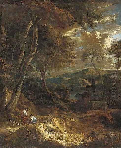 A wooded landscape with figures on a track Oil Painting by Cornelis Huysmans