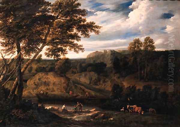 Fishermen on a river bank with a peasant woman and cattle in a meadow, a haybarge near a landing stage, in an Italianate landscape Oil Painting by Cornelis Huysmans