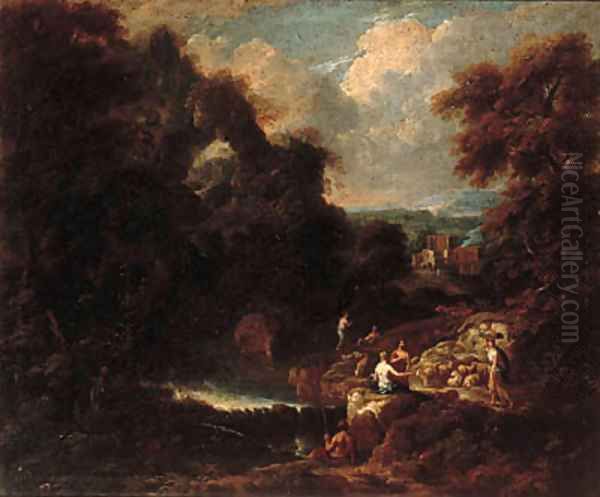 An Italianate landscape with peasants resting on a track by a stream Oil Painting by Cornelis Huysmans