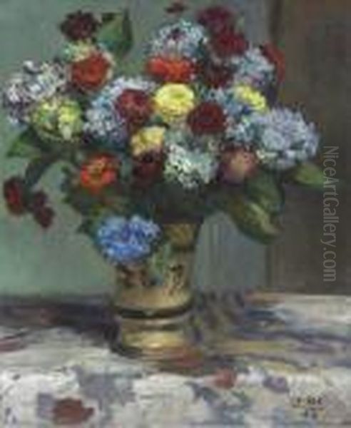 Bouquet De Fleurs Aux Hortensias Oil Painting by Jacques-Emile Blanche