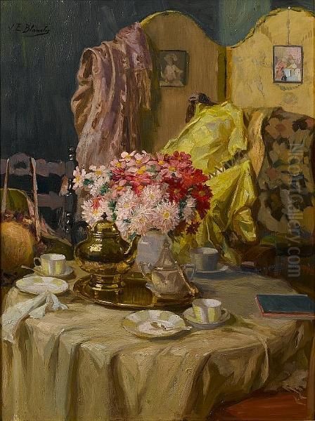 Interior With Flowers And Tea Set Oil Painting by Jacques-Emile Blanche