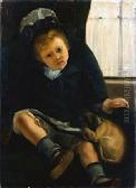 Petite Fille Au Chien, Circa 1882 - 1883 Oil Painting by Jacques-Emile Blanche