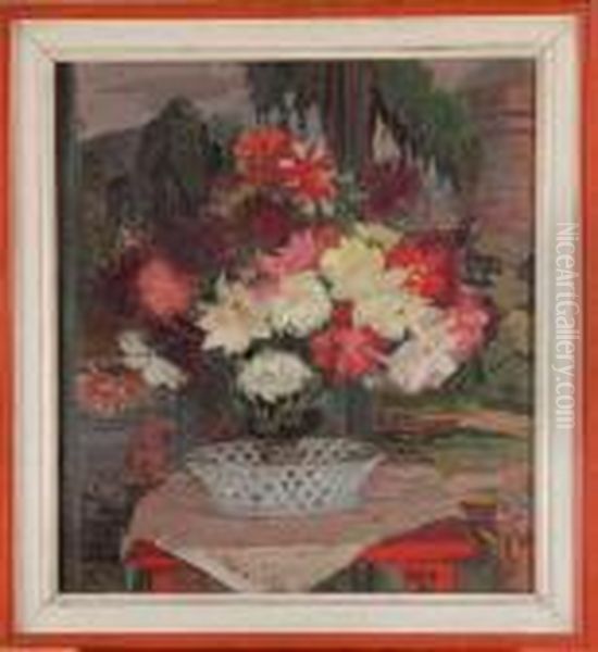 bouquet De Fleurs Devant Un Paravent Oil Painting by Jacques-Emile Blanche