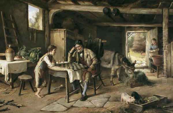 A game of draughts Oil Painting by Charles Hunt