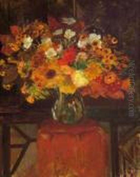 Bouquet De Fleurs Sur Un Entablement Oil Painting by Jacques-Emile Blanche