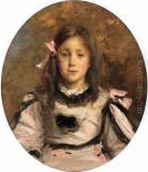 Portrait De Fillette Au Noeud Rose Oil Painting by Jacques-Emile Blanche