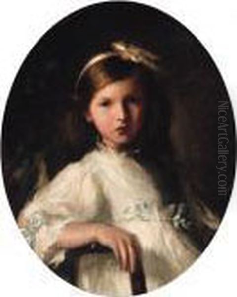 Portrait Of A Young Girl, 
Half-length, Wearing A White Dress Andwearing A Ribbon In Her Hair Oil Painting by Jacques-Emile Blanche