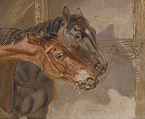 Horses tethered in a stable Oil Painting by Benjamin Herring, Jnr.