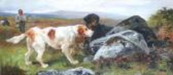 Hunting Dogs Watching A Nest By A Rock In A Moorland Landscape Oil Painting by Thomas Blinks