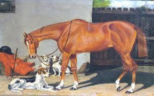 A Chestnut Hunter Outside A Stable Oil Painting by Thomas Blinks