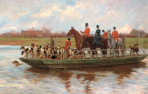 Mr. Edward Lycett Green And The York And Ainsty Hounds On The Ferryat Newby Oil Painting by Thomas Blinks