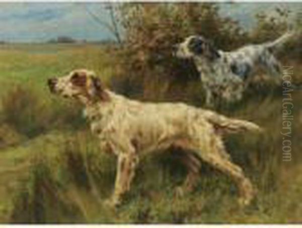 Two English Setters On Point Oil Painting by Thomas Blinks