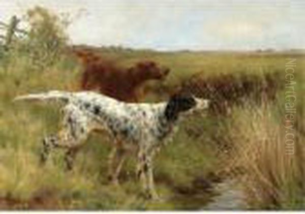 An English And An Irish Setter In A Landscape Oil Painting by Thomas Blinks