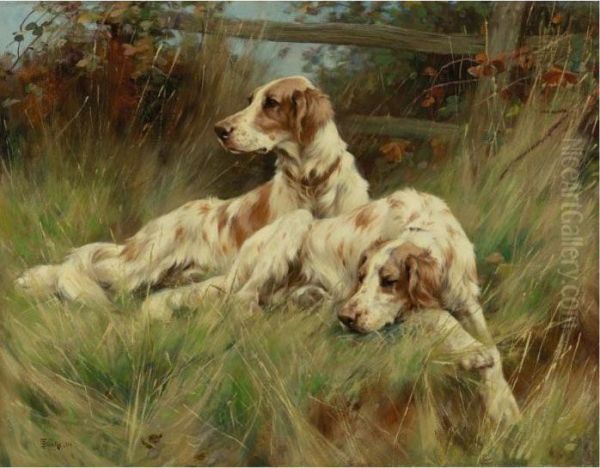 Two Setters Resting In The Grass Oil Painting by Thomas Blinks