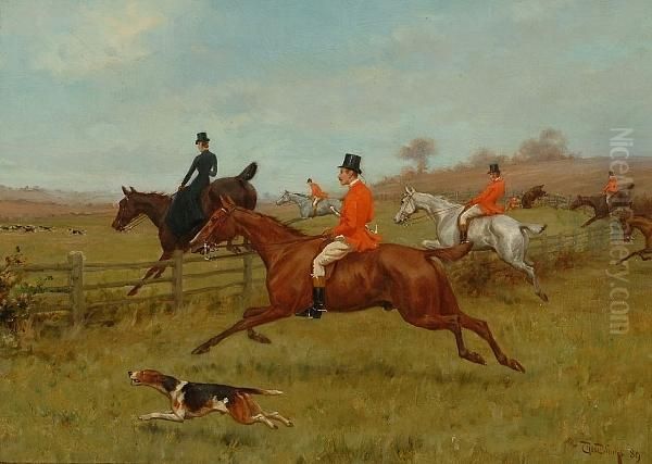 The Chase - The Field Taking A Fence At The Gallop Oil Painting by Thomas Blinks