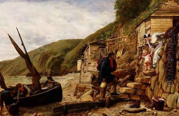 Welcome Bonny Boat The Fishermans Return scene at Clovelly North Devon Oil Painting by James Clarke Hook