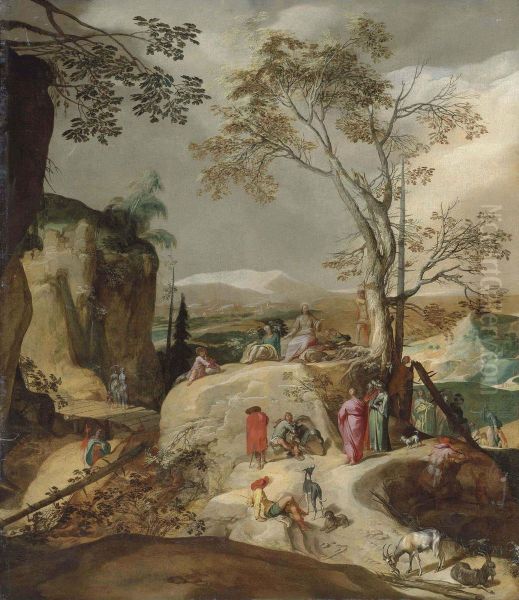 The Sermon On The Mount, A Rocky Landscape Beyond Oil Painting by Abraham Bloemaert