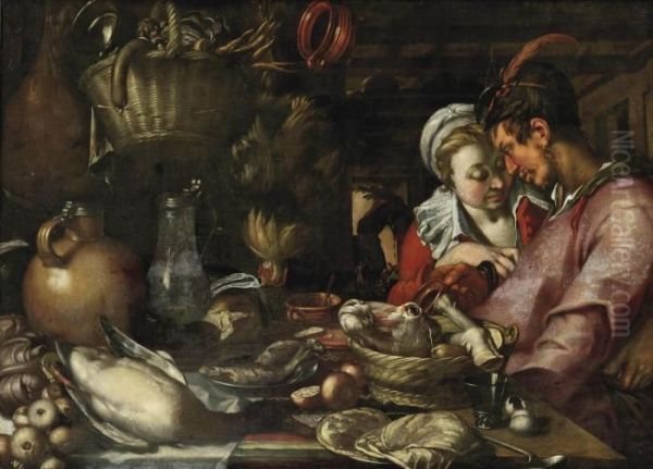 A Kitchen Still Life With A 
Couple Standing Beside A Table With Anelaborate Display Of Meat, Fish, 
Vegetables And Fruit Oil Painting by Abraham Bloemaert