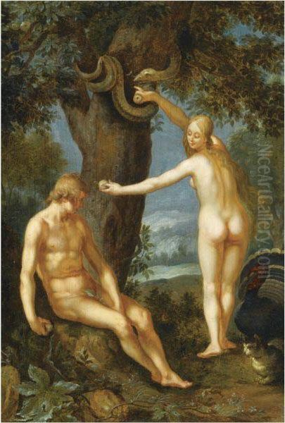 Adam And Eve In The Garden Of Eden Oil Painting by Abraham Bloemaert