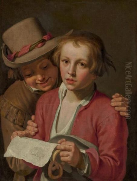 Two Boys Singing From A Sheet Of Paper Oil Painting by Abraham Bloemaert