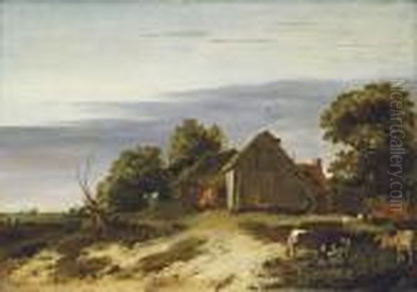 A Pastoral Landscape With 
Figures Milking Cows In A Farmhouse Yard, A Church In The Distance Oil Painting by Abraham Bloemaert