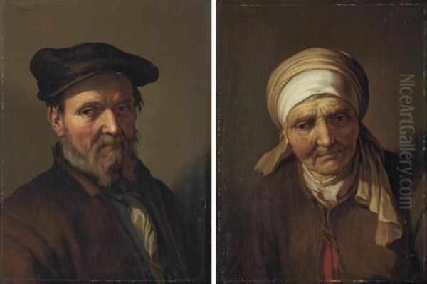 An Elderly Man, Bust-length, In A
 Brown Coat And Hat; And An Elderly Woman, Bust-length, In A Brown Coat 
And Headscarf Oil Painting by Abraham Bloemaert