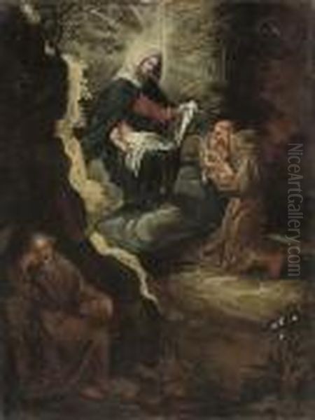 A Hermit's Vision Of The Virgin 
And A Franciscan Monk Holding The Christ Child, In A Landscape Oil Painting by Abraham Bloemaert