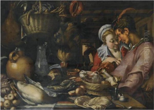 An Elaborate Kitchen Still Life 
With A Couple Standing Beside Atable With A Basket With An Ox Head And 
Feet, Fish On A Pewterplate, A Duck, Earthenware And Pewter Jugs, A 
Basket Withvegetables, A Cockerel Hanging From The Ceiling, In The 
Backgroun Oil Painting by Abraham Bloemaert