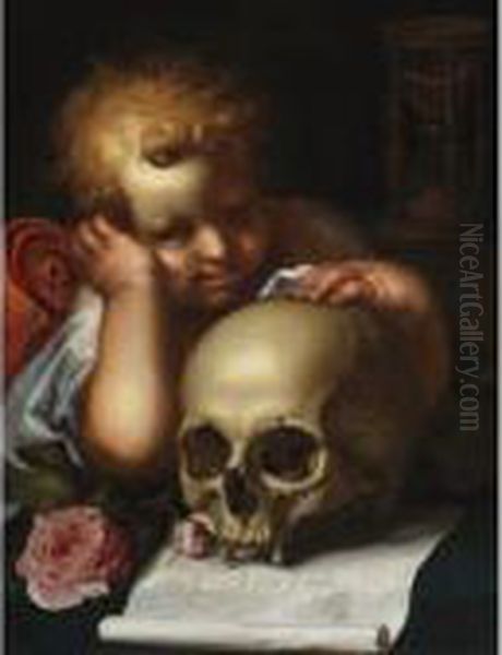 Vanitas With A Putto Resting His Hand On A Skull Oil Painting by Abraham Bloemaert