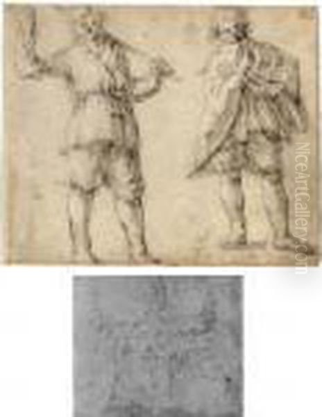 Recto: Two Studies Of Standing Peasants; Verso: Bird's-eye View Of Castle Buildings Oil Painting by Abraham Bloemaert